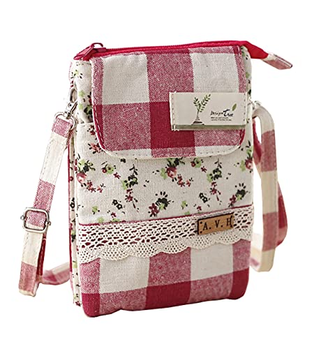 Leuchtbox Stoff-Umhängetasche Schultertasche Damen Mädchen Handytasche zum Umhängen Baumwolle Patchwork Boho Chic Handgenäht (Rot) von Leuchtbox