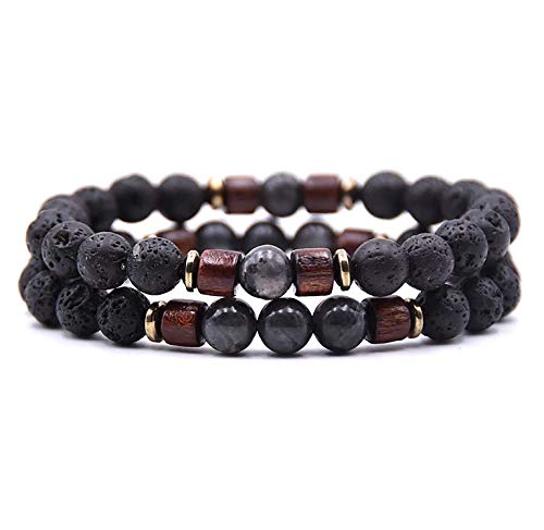 Leuchtbox Stylisches Glücks-Armband Kettchen für Männer und Frauen Unisex Natur Lavastein Vulkanstein Naturstein Holz-Perlen Elastisches Band 2er Set Anthrazit von Leuchtbox