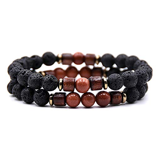 Leuchtbox Stylisches Glücks-Armband Kettchen für Männer und Frauen Unisex Natur Lavastein Vulkanstein Naturstein Holz-Perlen Elastisches Band 2er Set Braun von Leuchtbox