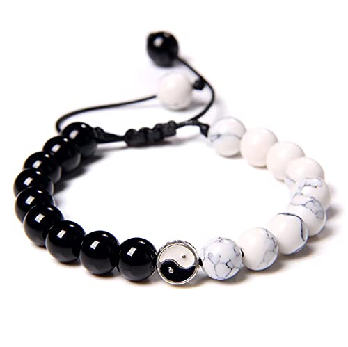 Leuchtbox Yin und Yang Glücks-Armband Yoga Chakra Kettchen Unisex Natursteine Heilsteine Howlith Schwarzer Onyx Verstellbares Band (Weiß-Schwarz) von Leuchtbox