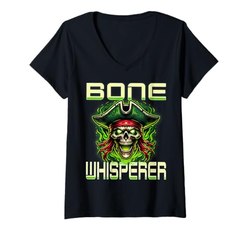 Damen Knochensprecher Piratenschädel Halloween Szene T-Shirt mit V-Ausschnitt Damen Knochensprecher Piratenschädel Halloween Szene T-Shirt mit V-Ausschnitt von Leuchtender Piratenschädel Grusel Flammen