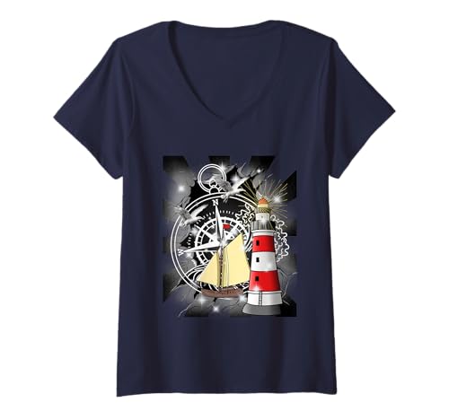 Damen Retro 60er Leuchtturm Segelschiff Kompass Möwen maritim T-Shirt mit V-Ausschnitt von Leuchttürme Leuchtturm Küste Seefahrt Schifffahrt