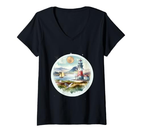 Damen maritim Natur Segelschiff Schiff Leuchtturm Möwen T-Shirt mit V-Ausschnitt von Leuchttürme Leuchtturm Küste Seefahrt Schifffahrt