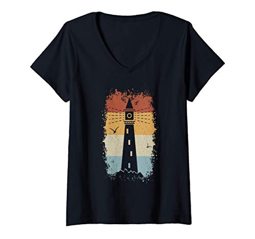Damen Leuchtturm Retro Meer Norden Ostsee Küste Urlaub Strand Moin T-Shirt mit V-Ausschnitt von Leuchtturm Meer Norddeutschland Ostsee Meer Strand