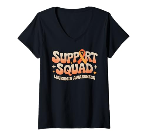 Damen Leukämie Bewusstsein Krieger Support Squad Blutkrebsband T-Shirt mit V-Ausschnitt Damen Leukämie Bewusstsein Krieger Support Squad Blutkrebsband T-Shirt mit V-Ausschnitt von Leukemia Awareness Orange Ribbon Supporter Outfit