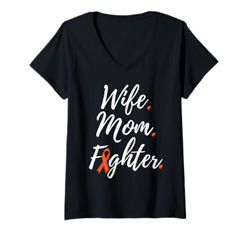 Damen Wife Mom Fighter Leukämie Bewusstsein T-Shirt mit V-Ausschnitt von Leukemia Awareness Products