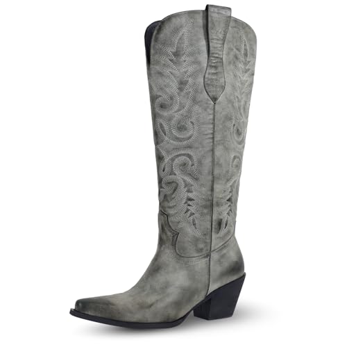LeunDen Bestickte Cowgirl-Stiefel für Damen, kniehohe Cowboystiefel für Damen, spitzer Zehenbereich, klobiger Absatz, Schlupfstiefel für Herbst und Winter, Grün , 38.5 EU LeunDen Bestickte Cowgirl-Stiefel für Damen, kniehohe Cowboystiefel für Damen, spitzer Zehenbereich, klobiger Absatz, Schlupfstiefel für Herbst und Winter, Grün , 38.5 EU von LeunDen