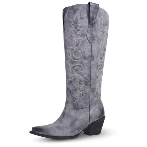 LeunDen Bestickte Cowgirl-Stiefel für Damen, kniehohe Cowboystiefel für Damen, spitzer Zehenbereich, klobiger Absatz, Schlupfstiefel für Herbst und Winter, Violett, 39.5 EU LeunDen Bestickte Cowgirl-Stiefel für Damen, kniehohe Cowboystiefel für Damen, spitzer Zehenbereich, klobiger Absatz, Schlupfstiefel für Herbst und Winter, Violett, 39.5 EU von LeunDen