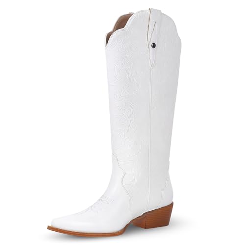 LeunDen Cowboystiefel für Damen, Vintage-Stil, kniehoch, geprägt, Western-Cowgirl-Stiefel mit spitzer Zehenpartie, klobiger Blockabsatz, Schlupfstiefel aus Kunstleder für Damen 2025, Weiss/opulenter LeunDen Cowboystiefel für Damen, Vintage-Stil, kniehoch, geprägt, Western-Cowgirl-Stiefel mit spitzer Zehenpartie, klobiger Blockabsatz, Schlupfstiefel aus Kunstleder für Damen 2025, Weiss/opulenter von LeunDen
