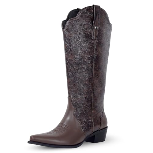 LeunDen Cowboystiefel für Damen, Vintage-Stil, kniehoch, geprägt, Western-Cowgirl-Stiefel mit spitzer Zehenpartie, klobiger Blockabsatz, Schlupfstiefel aus Kunstleder für Damen 2025, Braun, 37.5 EU LeunDen Cowboystiefel für Damen, Vintage-Stil, kniehoch, geprägt, Western-Cowgirl-Stiefel mit spitzer Zehenpartie, klobiger Blockabsatz, Schlupfstiefel aus Kunstleder für Damen 2025, Braun, 37.5 EU von LeunDen