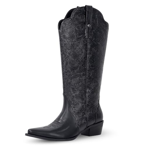 LeunDen Cowboystiefel für Damen, Vintage-Stil, kniehoch, geprägt, Western-Cowgirl-Stiefel mit spitzer Zehenpartie, klobiger Blockabsatz, Schlupfstiefel aus Kunstleder für Damen 2025, Schwarz, 37.5 EU LeunDen Cowboystiefel für Damen, Vintage-Stil, kniehoch, geprägt, Western-Cowgirl-Stiefel mit spitzer Zehenpartie, klobiger Blockabsatz, Schlupfstiefel aus Kunstleder für Damen 2025, Schwarz, 37.5 EU von LeunDen