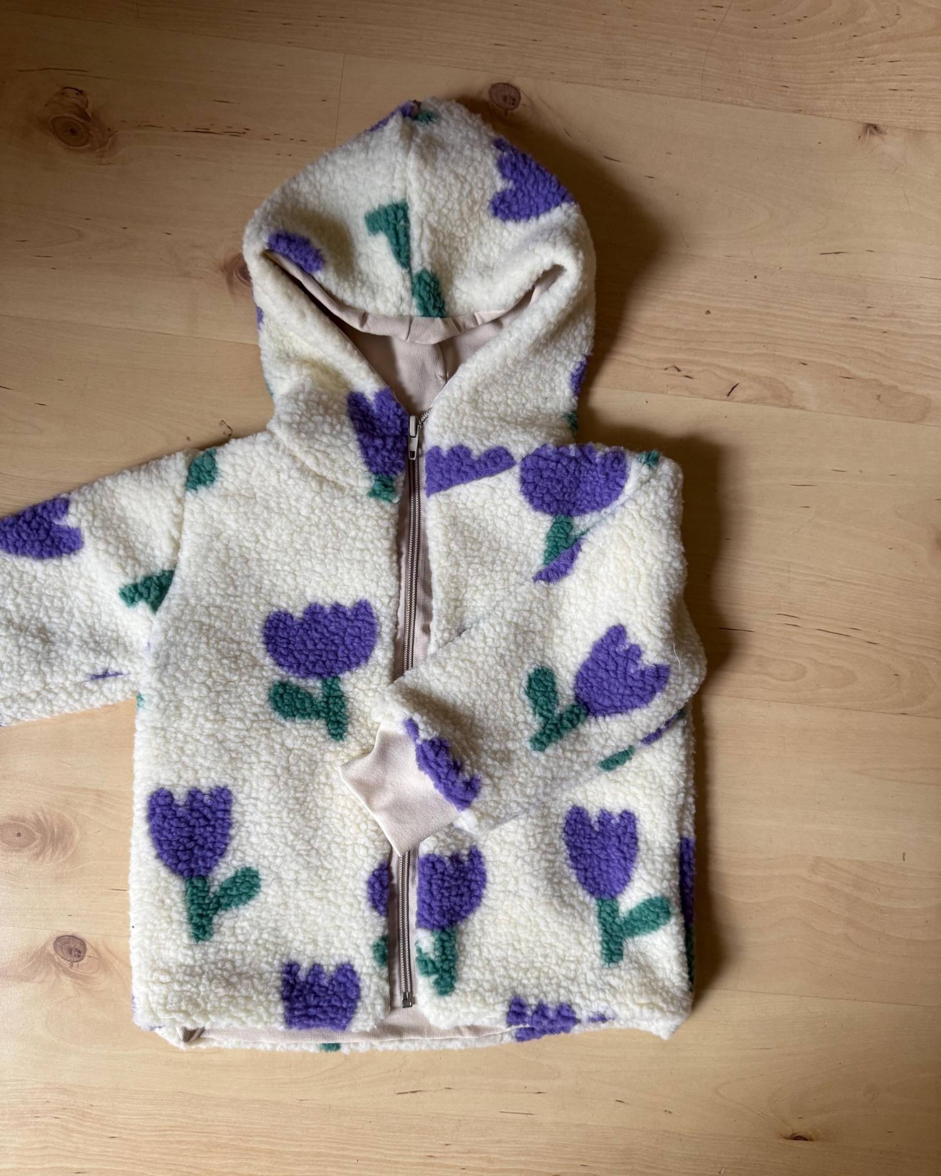 Teddyjacke Kinder 92, Kuschelige Jacke Tulpen , Kapuzenjacke Mädchen Jungen, Fleecejacke Warm, Handmade Kinderkleidung von LeunikatKreationen