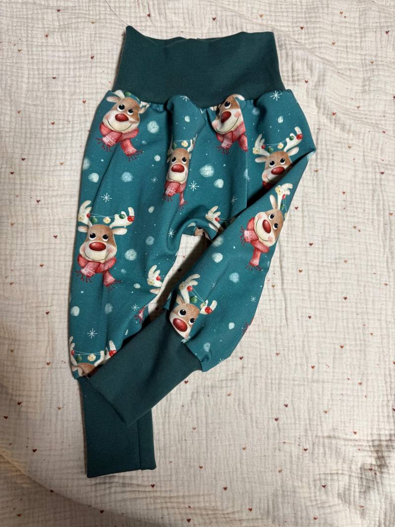Winter Mitwachshose - French Terry Hose Mit Rentieren | Handmade Kinderhose 86/92 Weihnachtsoutfit Baby von LeunikatKreationen