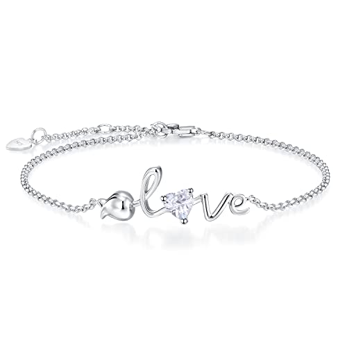 Leva Jewkis 925 Sterling Silber April Geburtsstein Armbänder Rose Liebe Herz Armband CZ Cubic Zirkonia simulierte Diamant Charm Link für Frauen Mädchen, 20cm verstellbare Kette von Leva Jewkis