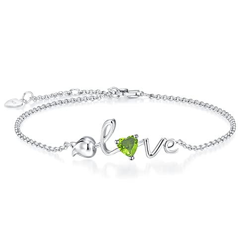 Leva Jewkis 925 Sterling Silber August Geburtsstein Armbänder Rose Liebe Herz Armband erstellt Peridot Grün Gelb Edelstein zierliche Charm Link für Frauen Mädchen, 20cm verstellbare Kette von Leva Jewkis