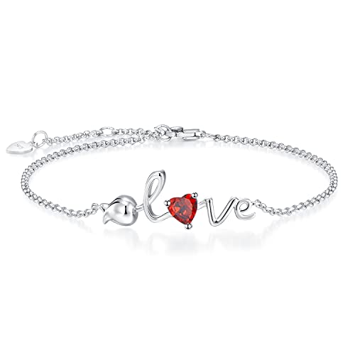 Leva Jewkis 925 Sterling Silber Januar Geburtsstein Armbänder Rose Liebe Herz Armband Erstellt Granat Rot Edelstein zierliche Charm Link für Frauen Mädchen, 20cm verstellbare Kette von Leva Jewkis