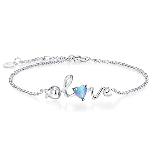 Leva Jewkis 925 Sterling Silber Juni Geburtsstein Armbänder Rose Liebe Herz Armband Regenbogen Mondstein zierliche Charm Link für Frauen Mädchen, 20cm verstellbare Kette von Leva Jewkis
