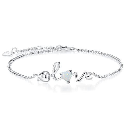 Leva Jewkis 925 Sterling Silber Oktober Geburtsstein Armbänder Rose Liebe Herz Armband Erstellt Opal Weiß Edelstein zierliche Charm Link für Frauen Mädchen, 20cm verstellbare Kette von Leva Jewkis