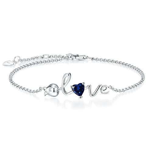 Leva Jewkis 925 Sterling Silber September Geburtsstein Armbänder Rose Liebe Herz Armband Erstellt Blau Saphir Edelstein zierliche Charm Link für Frauen Mädchen, 20cm verstellbare Kette von Leva Jewkis