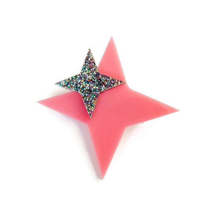 Pink Atomic Starburst Brosche Glitzer Acryl Retro Pin von LevanterCo