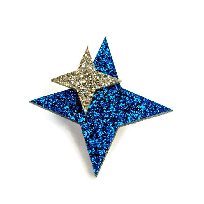 Retro Atomic Starburst Brosche Blau & Silber Glitzer Acryl Pin von LevanterCo
