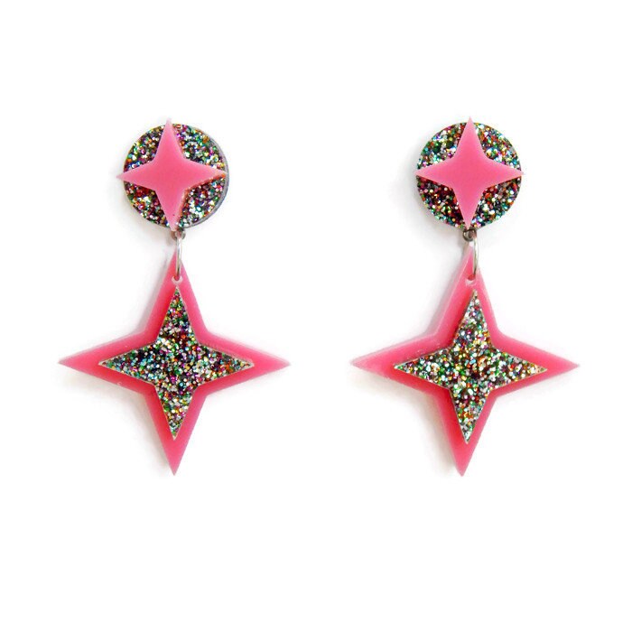 Retro Pink Starburst Ohrringe, Glitter Acryl Atomic Schmuck von LevanterCo