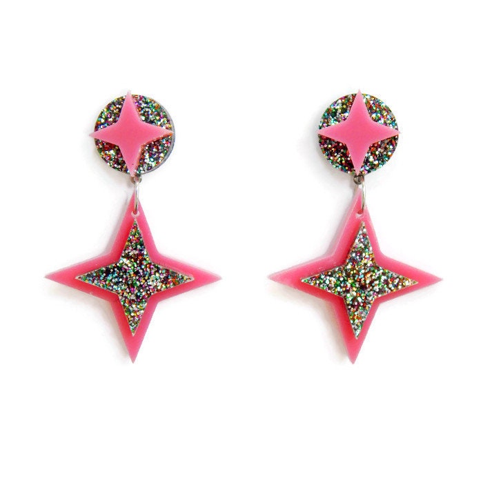Retro Pink Starburst Ohrringe, Glitter Acryl Atomic Schmuck von LevanterCo