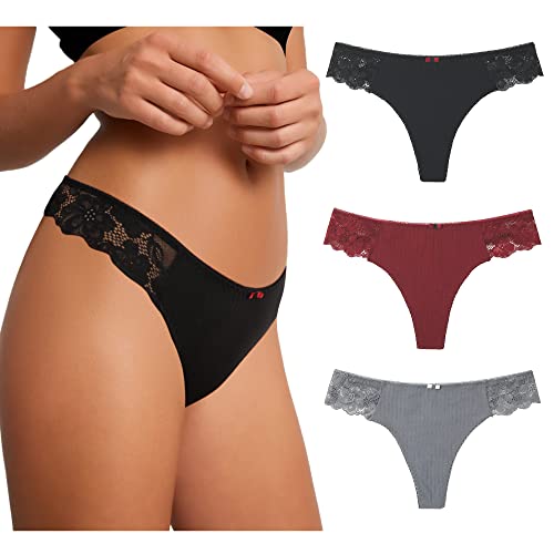 LEVAO G-Stringtanga für Damen, Damen, Baumwolle, Tanga, Höschen, sexy Spitze, T-Rücken, bequeme Unterwäsche, Multipack, S-XL, Schwarz/Grau/Rot, M von Levao