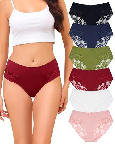 Levao 6er Pack Unterhosen Damen Baumwolle Slips mit Spitze Mittel Taille Unterwäsche Frauen Bequeme Soft Panties Mehrpack S-XL von Levao