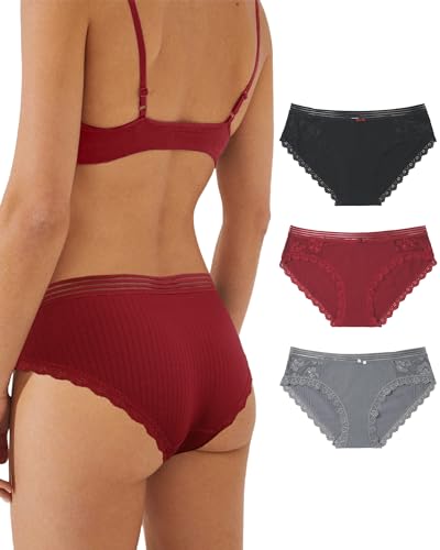 Levao Unterhosen Damen Baumwolle Spitze Unterwäsche Set Frauen Sexy Women's Knickers Soft Bequem Hipster Panties Damen Slips, 3er Pack, L von Levao