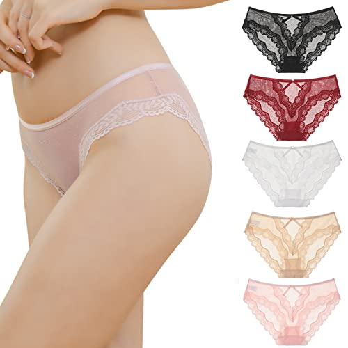 LEVAO Damen Lace Unterwäsche Slip Panties Hipster Bequem Spitzenslips Dessous Niedrige Taille Unterhose 5er Pack von LEVAO