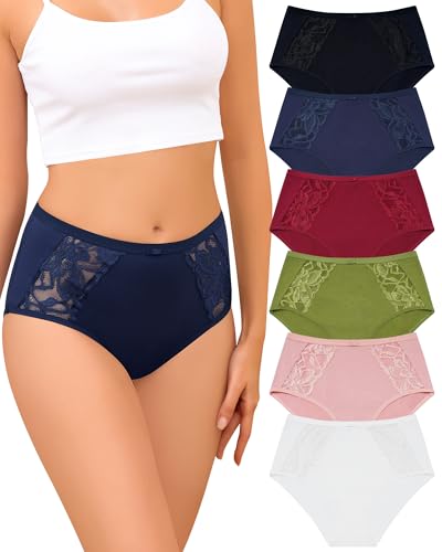 Levao Unterhosen Damen Baumwolle Unterwäsche Frauen Hohe Taille Hipster Slips Spitze Stretch Bequem Atmungsaktiv Panties High Waist Women Underwear Mehrpack 6er Pack(S-XXL) von Levao