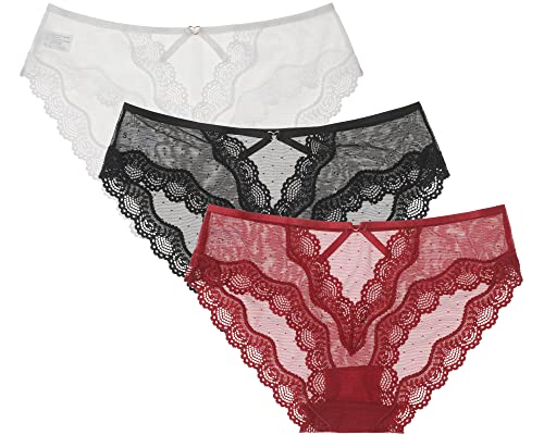 LEVAO Unterhosen Damen Lace Unterwäsche,3er Pack Slips Panties Hipster Aus Spitze Bequem Spitzenslips Dessous Unterhose von LEVAO