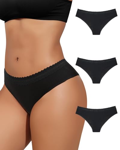 Levao Unterwäsche Damen Baumwolle Hipsters Weich Atmungsaktive Bequeme Slip Spitze Höschen 3er Packer Schwarz von Levao