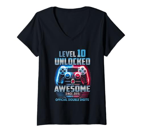 Damen Level 10: Fantastisches Spiel seit 2015 zum 10. Geburtstag freigeschaltet T-Shirt mit V-Ausschnitt von Level 10 Unlocked Awesome Since 2015 10th