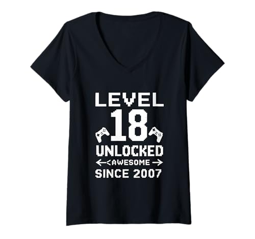 Damen Level 18 freigeschaltet Fantastisches Spiel seit dem 18. Geburtstag 2007 T-Shirt mit V-Ausschnitt von Level 18 Unlocked Awesome Since 2007