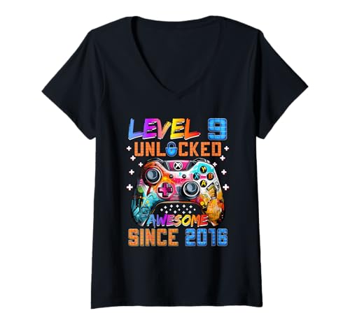 Damen Level 9 freigeschaltet Lustiger Videospieler 9. Geburtstag T-Shirt mit V-Ausschnitt von Level 9 Unlocked Awesome Since 2016