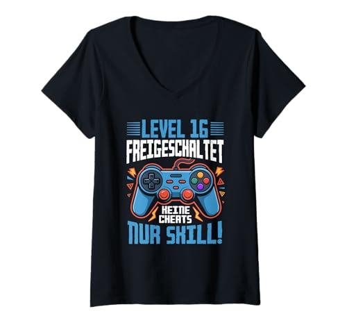 Damen Level 16 Freigeschaltet Gaming 16 Jahre Alt Nur Skill T-Shirt mit V-Ausschnitt Damen Level 16 Freigeschaltet Gaming 16 Jahre Alt Nur Skill T-Shirt mit V-Ausschnitt von Level Gaming Retro Skill Gamer Jungs Geschenk