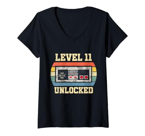 Damen Level 11 Unlocked - Lustiger 11 Jahre alter Gamer 11. Geburtstag T-Shirt mit V-Ausschnitt von Level Unlocked Gaming Edition Birthday Gifts By Mj