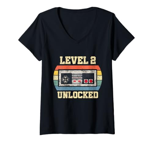 Damen Level 2 Unlocked - Lustiger 2 Jahre alter Videospieler 2. Geburtstag T-Shirt mit V-Ausschnitt von Level Unlocked Gaming Edition Birthday Gifts By Mj