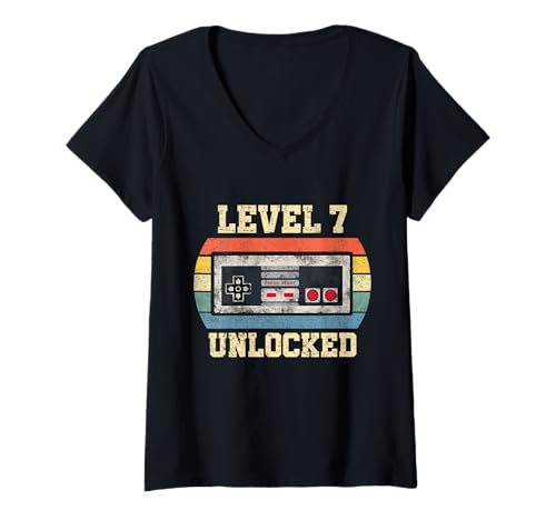 Damen Level 7 Unlocked - Lustiger 7 Jahre alter Videospieler 7. Geburtstag T-Shirt mit V-Ausschnitt von Level Unlocked Gaming Edition Birthday Gifts By Mj