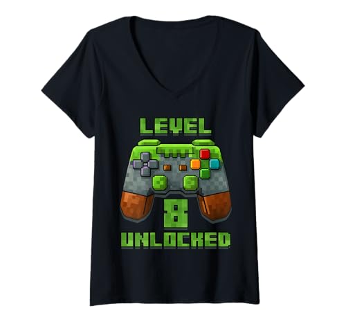 Damen T-Shirt zum 8. Geburtstag, Videospiel, Unlocked, Level 8 Years T-Shirt mit V-Ausschnitt Damen T-Shirt zum 8. Geburtstag, Videospiel, Unlocked, Level 8 Years T-Shirt mit V-Ausschnitt von Level Up Birthday Shirt Pixel Video Gaming Wear