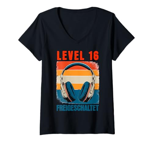 Damen Level 16 Freigeschaltet Retro Kopfhörer Gaming Geburtstag T-Shirt mit V-Ausschnitt von Level Up Geburtstag Retro Gamer