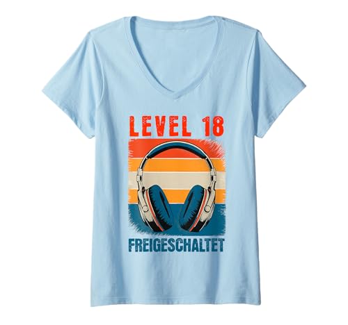 Damen Level 18 Freigeschaltet Kopfhörer Retro Gaming Geburtstag T-Shirt mit V-Ausschnitt von Level Up Geburtstag Retro Gamer