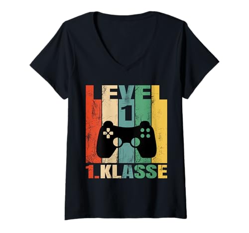 Damen Level für 1.Klasse Einschulung Schule Gamer Erstklässler T-Shirt mit V-Ausschnitt Damen Level für 1.Klasse Einschulung Schule Gamer Erstklässler T-Shirt mit V-Ausschnitt von Level für 1.Klasse Einschulung Schule Gamer