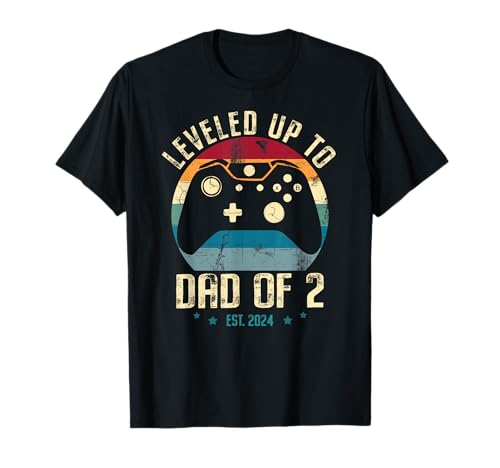 Leveled Up To Dad of 2 Kids Daddy Again 2024 Gamer Vater T-Shirt Schwarz Unisex Klein Vatertag Klassisch Einfarbig von Leveled Up To Dad of 2 Kids Daddy Again 2024