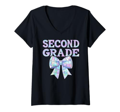 Damen Coquette Bow Preppy, 2. Klasse, erster Tag eines Mädchens der zweiten Klasse T-Shirt mit V-Ausschnitt von Leveled Up to 2nd Grade Girly Back to School Kids