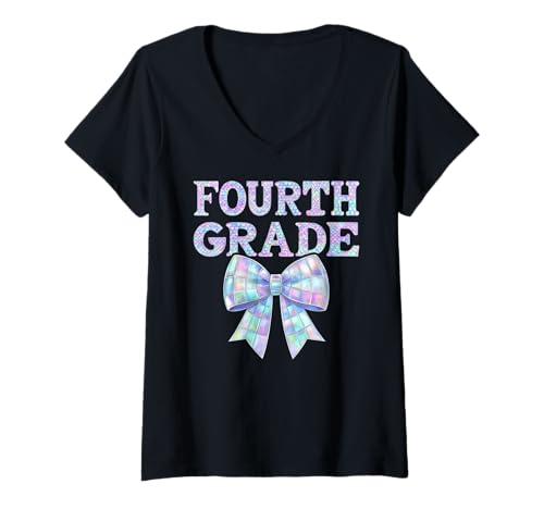 Damen Coquette Bow, 4. Klasse, Preppy, erster Tag eines Mädchens aus der vierten Klasse T-Shirt mit V-Ausschnitt Damen Coquette Bow, 4. Klasse, Preppy, erster Tag eines Mädchens aus der vierten Klasse T-Shirt mit V-Ausschnitt von Leveled Up to 4th Grade Girly Back to School Kids