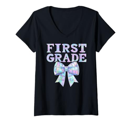 Damen Coquette Bow 1. Klasse Preppy First Day of First Grade Girl T-Shirt mit V-Ausschnitt von Leveled Up to First Grade Girly Back to School Kid