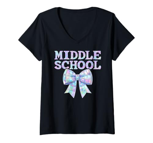 Damen Kokette Schleife Preppy Mittelschule Mädchen Einschulung T-Shirt mit V-Ausschnitt Damen Kokette Schleife Preppy Mittelschule Mädchen Einschulung T-Shirt mit V-Ausschnitt von Leveled Up to Middle School Girly Back to School